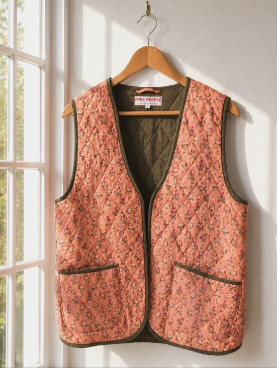 Free People Jackets & Blazers - Free People Quilted Floral Vest Coral Pink Green Cotton Size M Boho Cottagecore